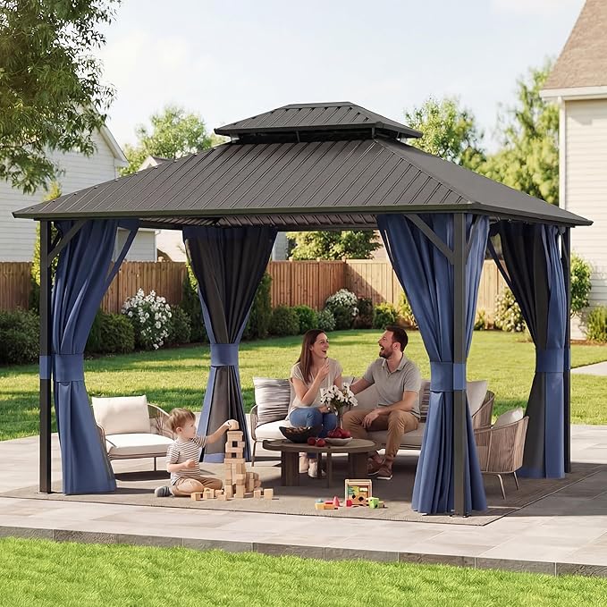 UDPATIO 10'x12' Hardtop Gazebo, Metal Gazebo with Galvanized Steel Double Roof, Permanent Patio Pavilion for Dining Parties, Navy Blue