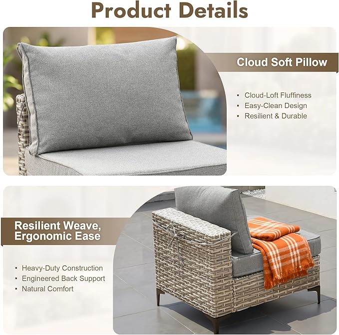 8 Pieces Patio Furniture Set with 42" Fire Pit, All-Weather Rattan Outdoor Sectional Conversation Sets L Shaped Sofas with Solar Light Coffee Table for Porch Balcony Backyard Dark Grey
