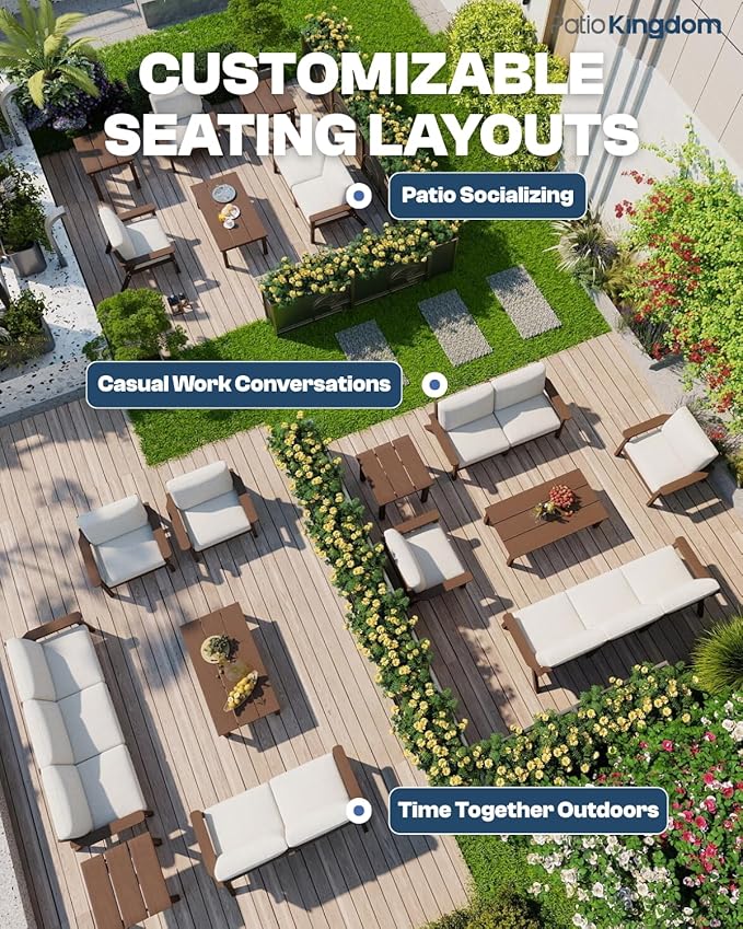 Patio Furniture Set 8 Seats, HDPE Outdoor Sectional with Beige Washable Thick Cushions, Coffee Table, Patio Conversation Sets for Lawn, Garden, Porch, Balcony, Deck (Brown Frame)