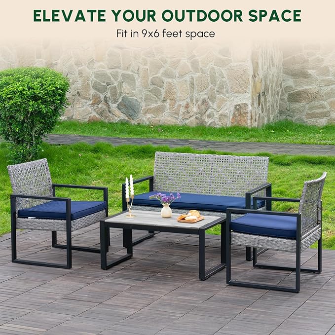 BEEFURNI Wicker Patio Furniture Outdoor Conversation Set of 4, Acacia Wood Table, 2 Rattan Chairs, 1 Loveseat, 2” Cushions, All-Weather, Easy Assembly, 1-Year Manufacturer Warranty (Gray)