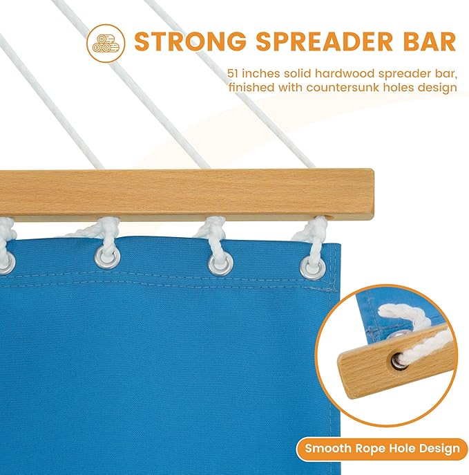 Lazy Daze Hammocks 12 FT Sunbrella Fabric Hammock not Fading with Spreader Bars and Free Pillow Fits for 2 Persons, All Weather and Fade Resistant for Patio Yard, 450 lbs Capacity, Canvas Pacific Blue