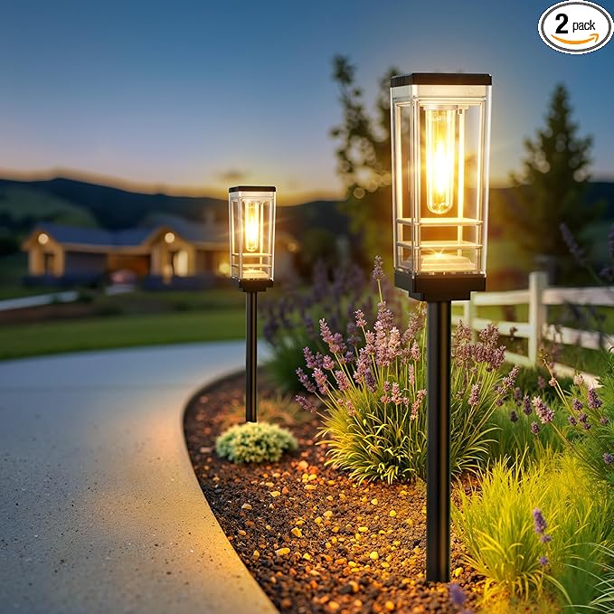 Ahaorigin 2 Pack Solar Lights Outdoor Pathway, Up to 15 Hrs Brighter LED Path Light Waterproof, Luxury Tall Solar Outdoor Light for Garden Yard Walkway Driveway Landscape, Warm White