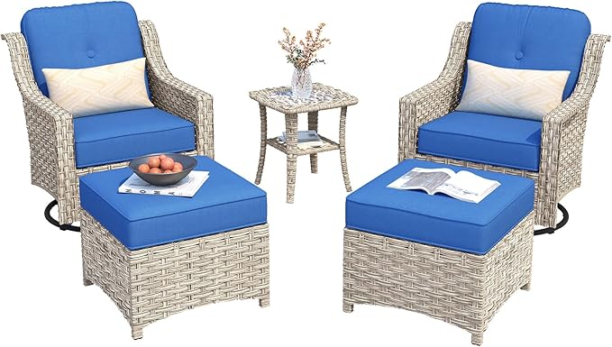 HOOOWOOO Patio Furniture Set,5 Pieces Wicker Outdoor Furniture,High Back Conversation Set with All Weather Resistant Swivel Chairs with Ottoman Side Table,Denim Blue