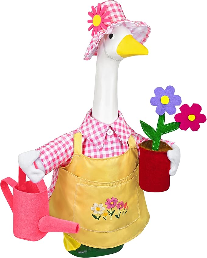 Gardener Porch Goose Outfit Pink, Spring Goose Outfit Lawn Gooses Clothes Geese Costume for 23" Cement Plastic Geese Statue for Garden Yard Decoration