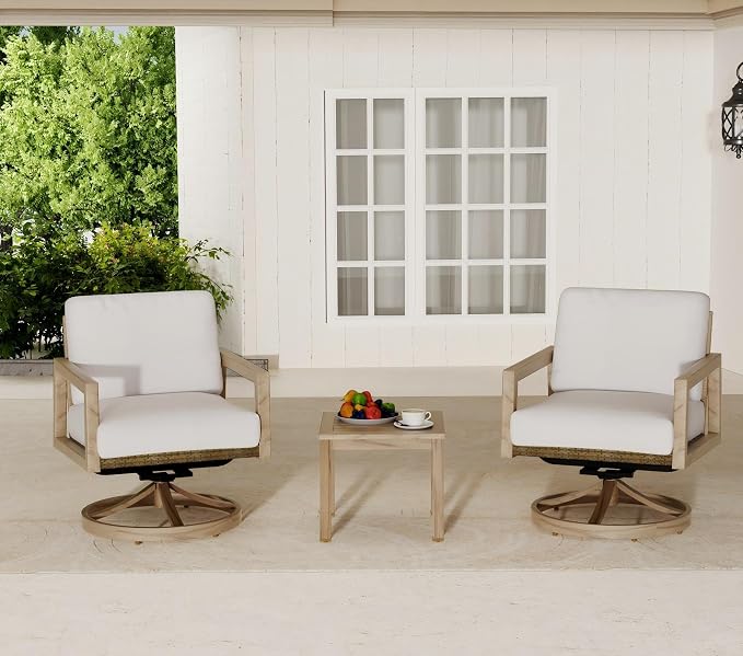 HAPPATIO 3-Piece Patio Swivel Chair - 2 Aluminum Outdoor Bistro Set with Wicker Backrest and Woodgrain-Textured Side Table, Rustic Outdoor Conversation Set with Cushions for Garden Balcony Deck Porch