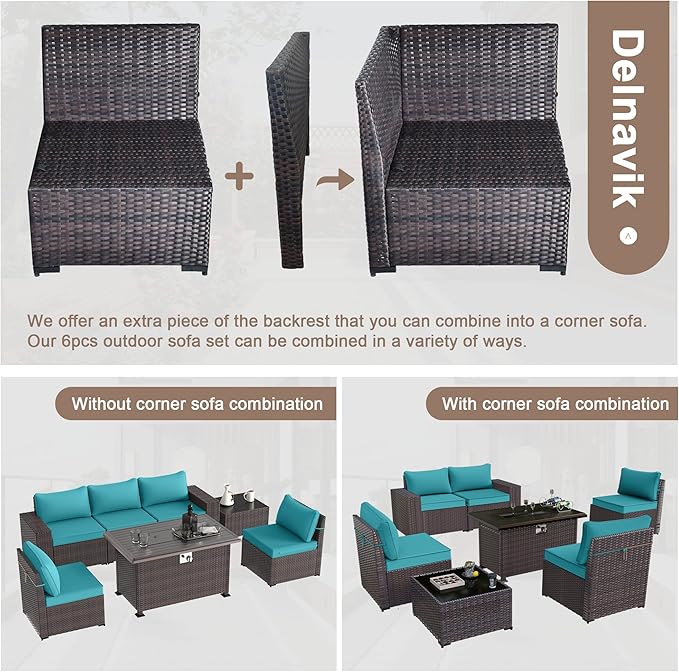 Patio Furniture Sectional Sofa Set 7-Pieces PE Rattan Patio Conversation Set w/43in Gas Fire Pit Table, Outdoor Furniture with 55000 BTU Propane Fire Pit, Blue