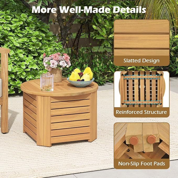 HAPPYGRILL Acacia Wood Outdoor Side Table with Umbrella Hole, Patio End Table with Storage, Removable Base, for Backyard, Balcony, Poolside