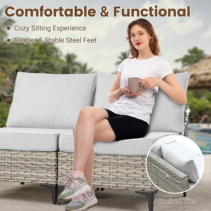 Outdoor Sectional Patio Furniture Set with Fire Pit Table,9 Pieces Rattan Wicker Conversation Sets L Shaped Couch,Outside Furniture with Swivel Chairs Glowing Coffee Table,Light Grey
