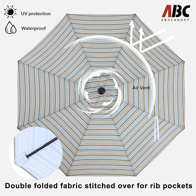 ABCCANOPY 10FT Patio Umbrella, Outdoor Waterproof Table Umbrella with Push Button Tilt and Crank, 8 Ribs UV Protection Pool Umbrella for Garden, Lawn, Deck & Backyard(Khaki Gray Stripes)