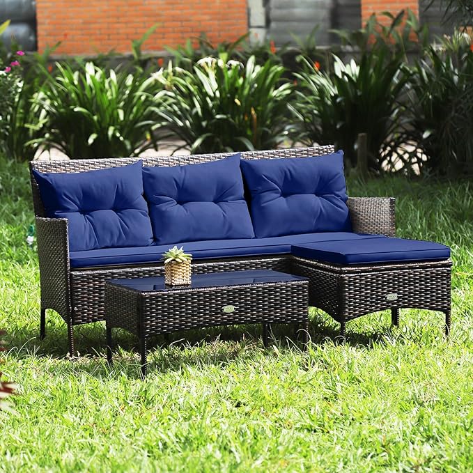 HAPPYGRILL 3 Piece Outdoor Rattan Conversation Set Patio Furniture Set with Tempered Glass Coffee Table, 5 Elastic Seat & Back Cushions, Sectional Sofa Set for Poolside Balcony Backyard