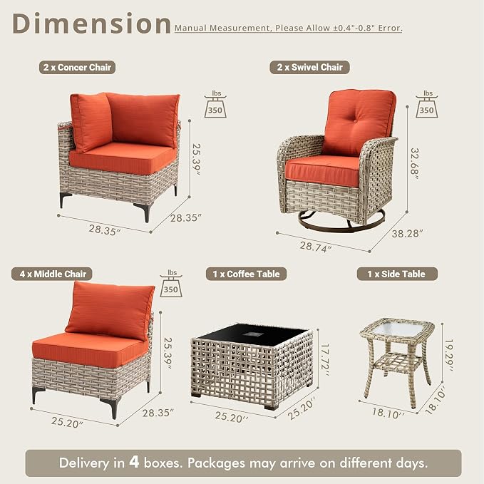 10 Pieces Patio Sectional Furniture Set, Outdoor Wicker Sectional Couch with High Back Swivel Rocker Chairs Solar Lights Table, Modern Conversation Set for Porch Balcony Backyard, Orange