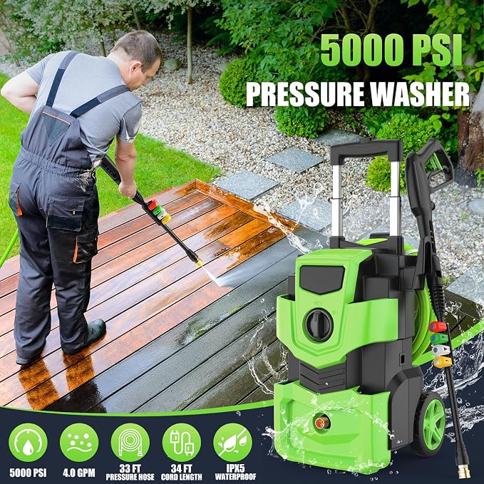 Pressure Washer 5000PSI Adjustable Pressure Power Washers Powered with 33ft Hose, 4 Nozzle and Foam Cannon, Powerwashers Cleaner Machine for Home, Cars, Green