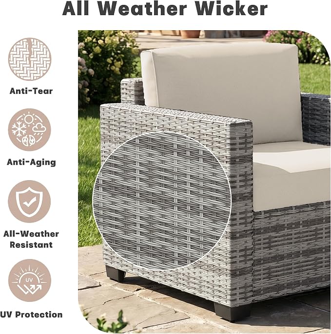 Patio Furniture Set, 7-Piece Outdoor Sectional Couch with Coffee Table & Thick Cushions, Outdoor Wicker Conversation Set for Backyard, Poolside, Garden (Grey White-White, 7 Piece-Double)