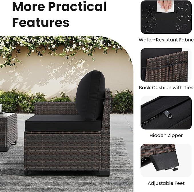 Soohow 7-Piece Patio Furniture Set with 44" Fire Pit Table, Outdoor Sectional Wicker Rattan Conversation Set for Garden, Porch, Backyard - Black Cushions