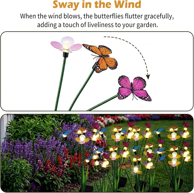 Hoikwo Solar Garden Flower Lights 4 Pack, Swaying Butterfly Flower Stakes Outdoor, Lifelike Butterflies and Flowers with 6 LED Warm Lights, Solar Lights Decor for Yard, Patio, Garden, Pathway