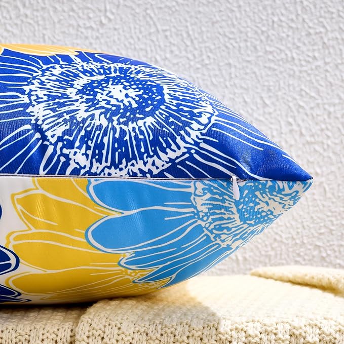 Yellow Blue Floral Pillow Covers Outdoor Waterproof Throw Pillow Covers 16x16 Decorative Summer Square Sunflower Garden Cushion Throw Pillowcase Set of 2 for Patio Furniture Garden Tent Balcony Bench