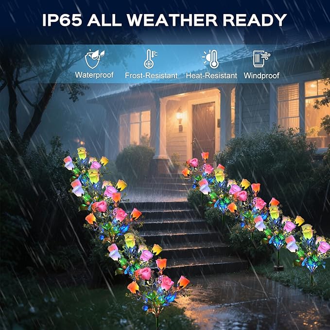 2 Pack Solar Garden Lights Outdoor, LED Colorful Waterproof Solar Powered Rose Flowers Landscape Lights for Outside Yard, Patio, Pathway Decorative, Décor, Gifts, Two Lighting Modes