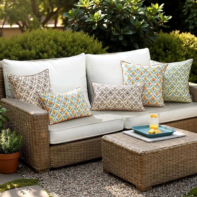 ANRODUO Floral Outdoor Waterproof Pillow Covers Set of 2 Brown 20x20 Inch | Square Block Print Decorative Cushion Cases With Refined Edge Piping for Summer Patio Porch Garden Couch Sofa Bench Decor