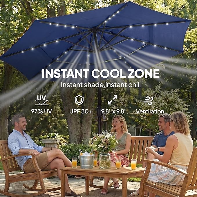 Outsunny 9.7 ft Outdoor Patio Umbrella with 32 Solar LED Lights, 3 Tier Outdoor Table Market Umbrella with Tilt and Crank, 8 Ribs for Garden, Deck, Yard, Poolside