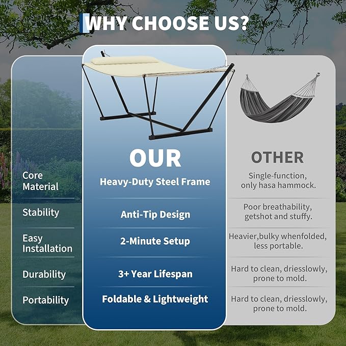 Heavy Duty Double Hammock with Stand & Soft Pillow, 450 LBS Capacity - Padded Portable Hammock for Indoor Outdoor Patio Backyard Garden