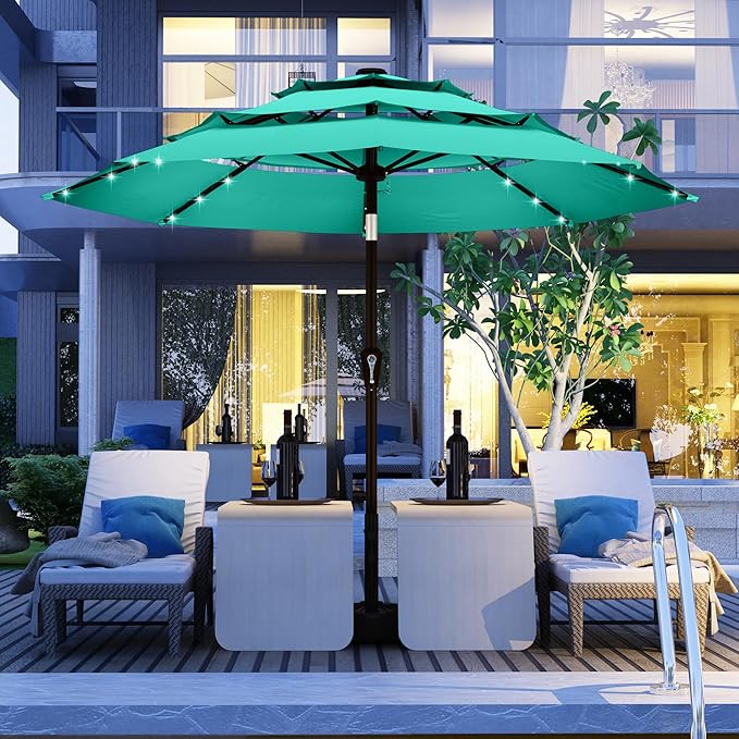 Kingdura 10ft 3-Tier Patio Umbrella with Solar Lights, Table Umbrella Outdoor Patio with Easy Crank & Tilt, 8 Sturdy Ribs, UV Protection, 32 LED Lights for Deck, Poolside, Market (Tiffany blue)