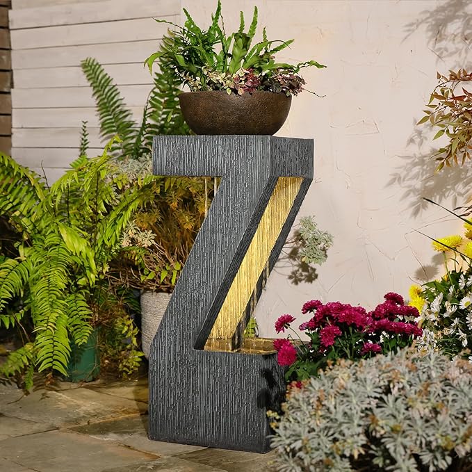 32" Modern Z-Shaped Rain Curtain Outdoor Fountain with LED Lights, Gray Resin Cascading Waterfall Water Feature for Patio, Backyard, Garden or Porch