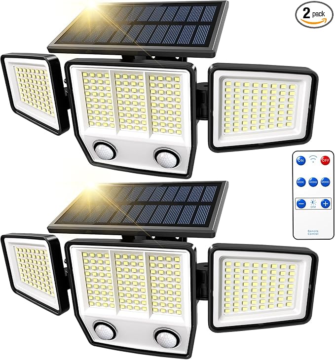 Solar Motion Sensor Outdoor Lights Waterproof - 3000LM 3 Modes Security Lights Outdoor 270° Illumination IP65 LED Solar Flood Wall Light for Garden Yard Patio Pathway (With ‎Remote Control, 2)