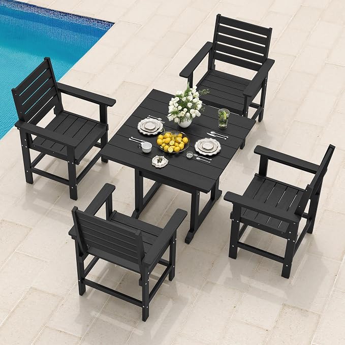 COMPISA 5 Piece Outdoor Dining Set, HDPS Patio Table and Chairs Set, 35" Patio Table with 1.96" Umbrella Hole & 4 Chairs, All Weather Furniture for Garden, Backyard, Poolside (Black)