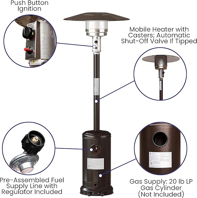 Flash Furniture Sol Patio Outdoor Heating-Bronze Stainless Steel 40,000 BTU Propane Heater with Wheels for Commercial & Residential Use-7.5 Feet Tall