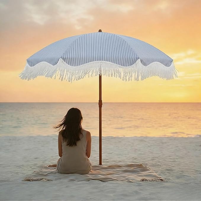 7ft Patio Umbrella with Fringe, Boho Beach Umbrellas, Outdoor Tassels Umbrellas with Push Button Tilt & Carrying Bag, 8 Windproof Fiberglass Ribs, UPF50+
