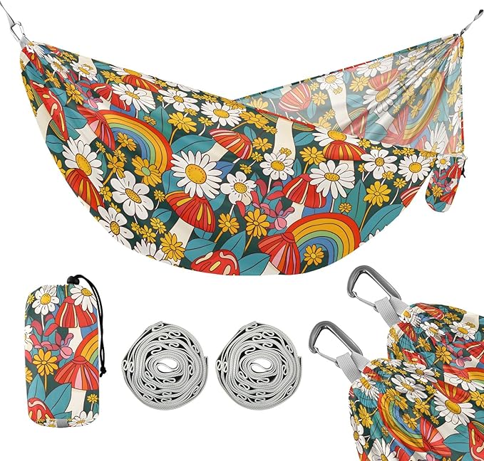 Camping Hammock Outdoor Hammocks for Outside Flowers Mushrooms Rainbows Beach Trees Portable Lightweight with Pockets Tree Straps Indoor