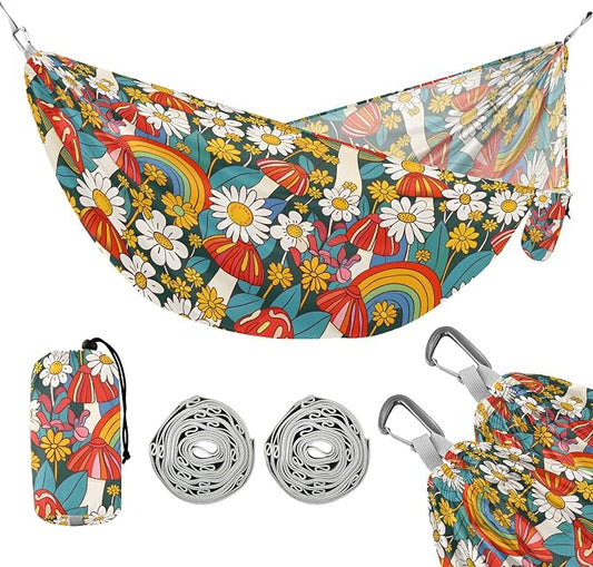 Camping Hammock Outdoor Hammocks for Outside Flowers Mushrooms Rainbows Beach Trees Portable Lightweight with Pockets Tree Straps Indoor