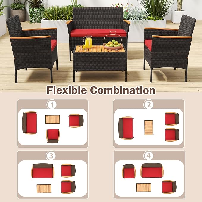 Tangkula 8 Pieces Patio Wicker Sofa Set, 2 Rattan Chairs & Loveseat w/Coffee Table, Acacia Wood Armrests & Tabletop, Outdoor Cushioned Conversation Set for Backyard, Poolside (Red, 8 Pieces)