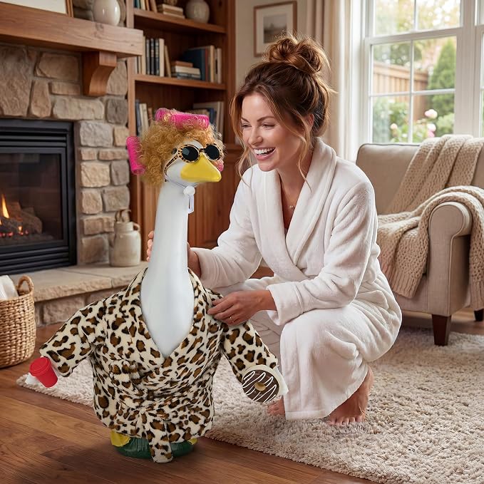 Porch Goose Robe Outfit Set for 23 Inch Goose Statue, Leopard Flannel Bathrobe with Wig Curlers Coffee Cup Donut Glasses, Funny Cozy Goose Clothes Decor (Leopard)
