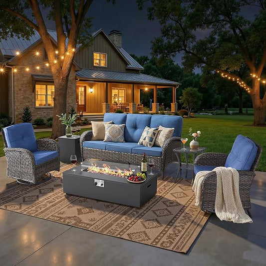 HUMMUH Luxury Patio Furniture Set with High Back Swivel Rocker Chairs & 3 Seater-Couch & Steel Fire Pit Table 5 Pieces Outdoor Conversation Set for Porch,Deck,Backyard