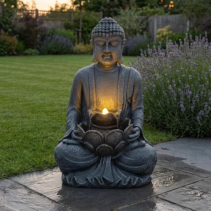 28'' H Outdoor Buddha Fountain with 2-Tier Lotus Waterfall & Warm LED Lights, Zen Water Feature with Durable Polyresin & ETL Certified Pump for Patio Garden Backyard, Gray