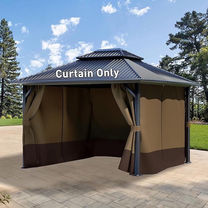 Aoodor 10x13 ft Outdoor Gazebo Curtains, 4 Panels Waterproof Privacy Sidewall Replacement with Zipper for Patio Pergola and Canopy, Brown and Coffee