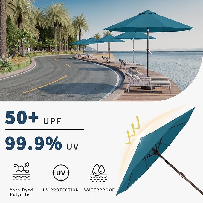 10FT Patio Umbrella Outdoor Market Umbrella with Crank and Tilt, 8 Flexible Fiberglass Ribs, UV-Resistant Waterproof Canopy for Patio, Deck, Garden, Backyard, Lake Blue