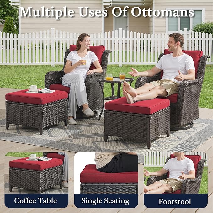 Outdoor Patio Furniture Set-5 Piece Outdoor Swivel Rocker Chairs with Ottomans Patio Furniture Set for Deck Balcony Poolside Backyard-Brown/Red