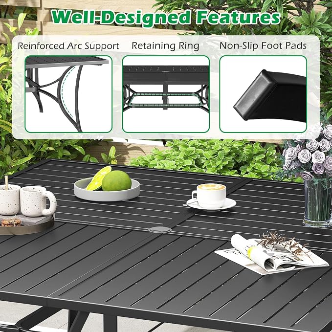 Tangkula 60" x 60" Metal Patio Dining Table for 8, Square Heavy Duty Outdoor Dining Table with Umbrella Hole, 8-Person Outside Dining Furniture for Porch, Garden, Balcony and Backyard