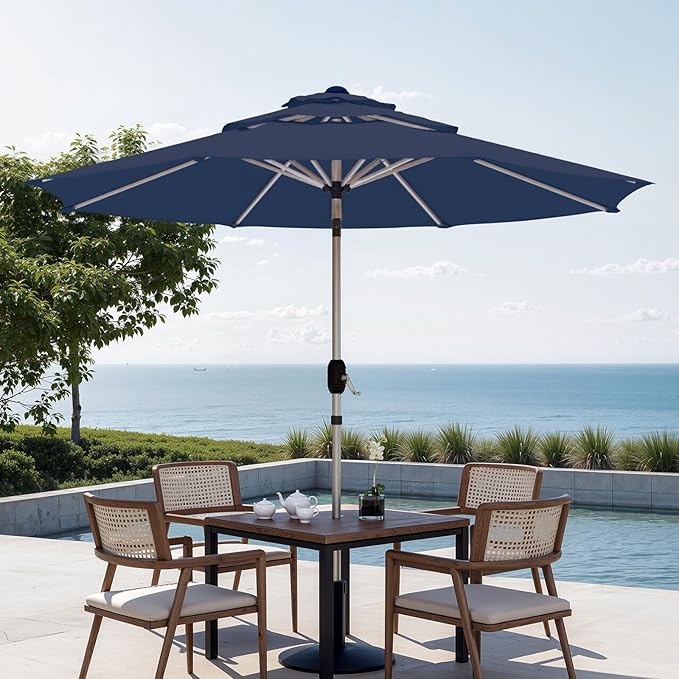 9FT 3-Tier Aluminum Outdoor Patio Umbrella, Fade-Resistant Market Umbrella with Push Button Tilt Function, 8 Sturdy All-Aluminum Ribs for Gardens, Patios, Backyards & Pools