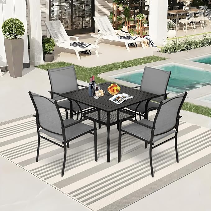 Incbruce 5 Pieces Patio Dining Set, Outdoor Dining Set of 4 Textilene Chairs and Square Table with Umbrella Hole for Backyard, Garden, and Poolside (Grey)