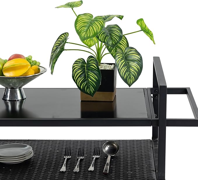 Outdoor Wicker Storage Deck Box and Rolling Bar Cart with Tempered Glass Top and Wheels for Patio, Porch, and Backyard, Weather-Resistant Rattan Serving Table, Black, 51 Inches