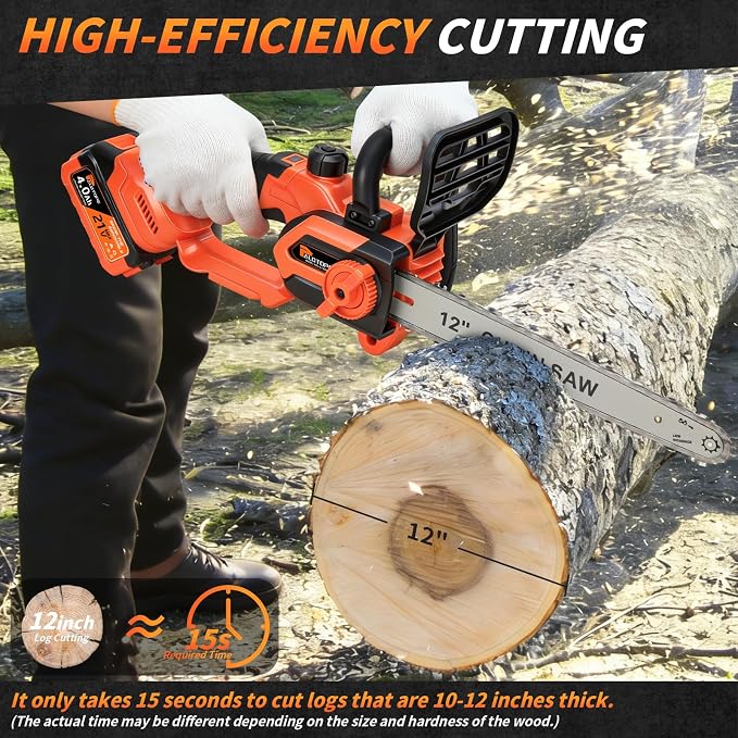 12-Inch Brushless Cordless Electric Chainsaw, Motosierra with 2 x 4.0Ah Batteries, Battery-Operated Chain Saw with 2 x Chain Guides, Handheld Battery Chain Saw for Wood Cutting& Tree Trimming