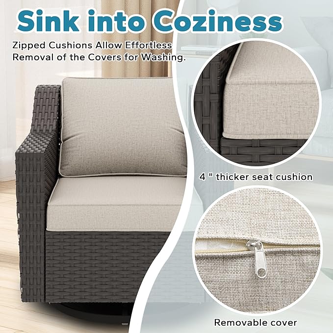 4 Pieces Patio Conversation Furniture Set - 2 Swivel Chairs, 2 Ottomans, Outdoor Wicker Furniture with Removable Cushions for Porch, Balcony, Sunroom (Beige)