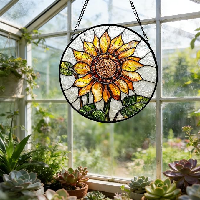 DASTOLL Stained Glass Window Hanging - Sunflower Flower Suncatcher Ready to Hang Window Doors Home Decoration and Christmas, Mother's Day Birthday Gifts for Women, Men, and Mom 7.8x7.8 in