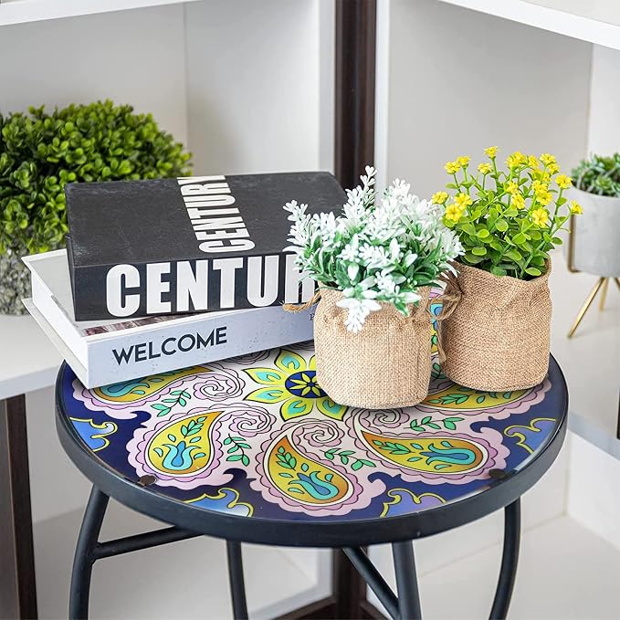 Arbuxzuy 12 Inch Small Outdoor Side Table with Purple Flower, Glass Mosaic Patio Table Indoor, Round Plant Coffee Table for Living Room, Balcony, Garden