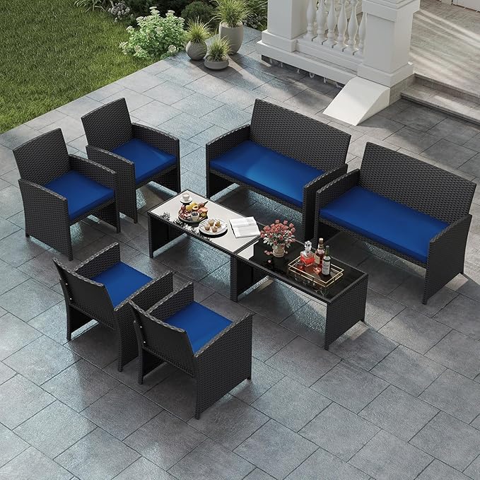 Tangkula 8 Piece Patio Wicker Furniture Set, Outdoor Heavy Duty Rattan Cushioned Chairs, Loveseat and Tempered Glass Coffee Table, for Backyard, Balcony, Poolside