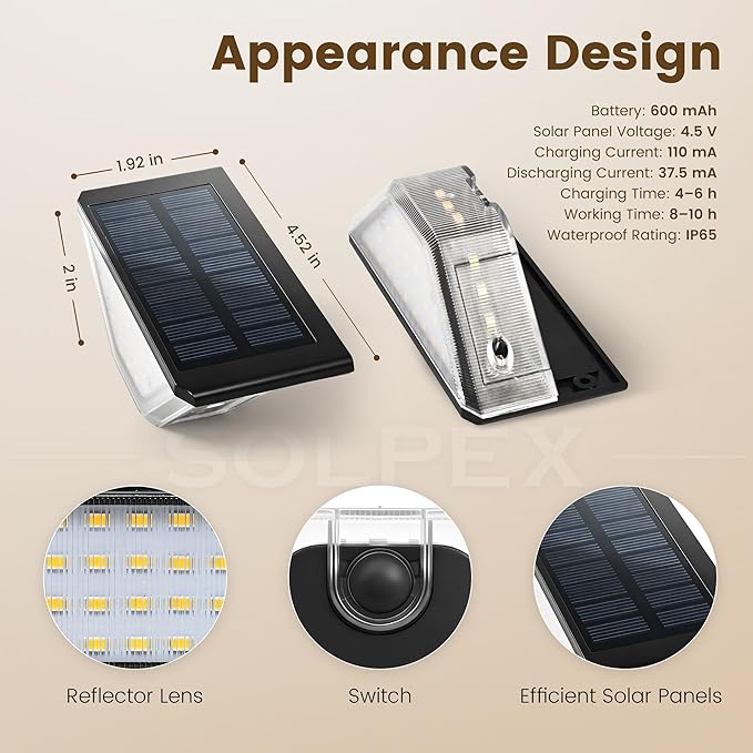 SOLPEX 16 Pack Four-Sided Illumination Solar Step Lights for Outside, Solar Stair Lights Outdoor, Solar Railing Lights Outdoor Waterproof with 33 LEDs for Steps, Stair, Deck, Porch (Warm White)