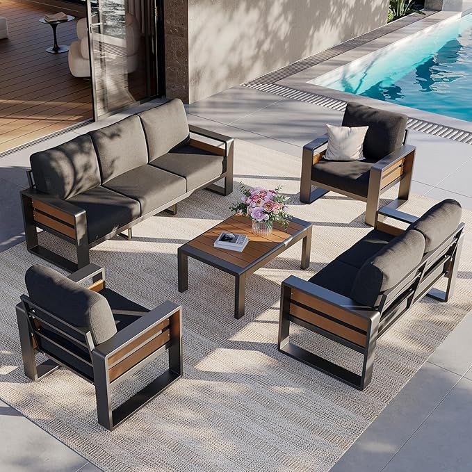 Aoxun Aluminum Patio Furniture Set, 7 Seats Luxury Metal Patio Furniture with Coffee Table, Thick Cushions and Waterproof Cover, Modern Outside Sectional Set for Backyard/Garden/Poolside, Dark Grey